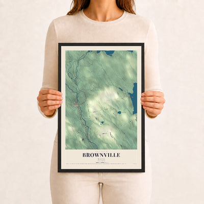 Brownville, Maine map print - 12 x 18 black Ayous wood frame