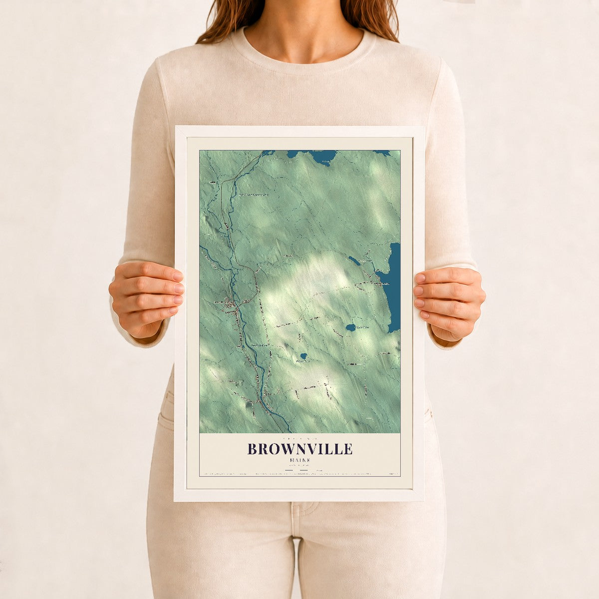 Brownville, Maine map print - 12 x 18 white Ayous wood frame