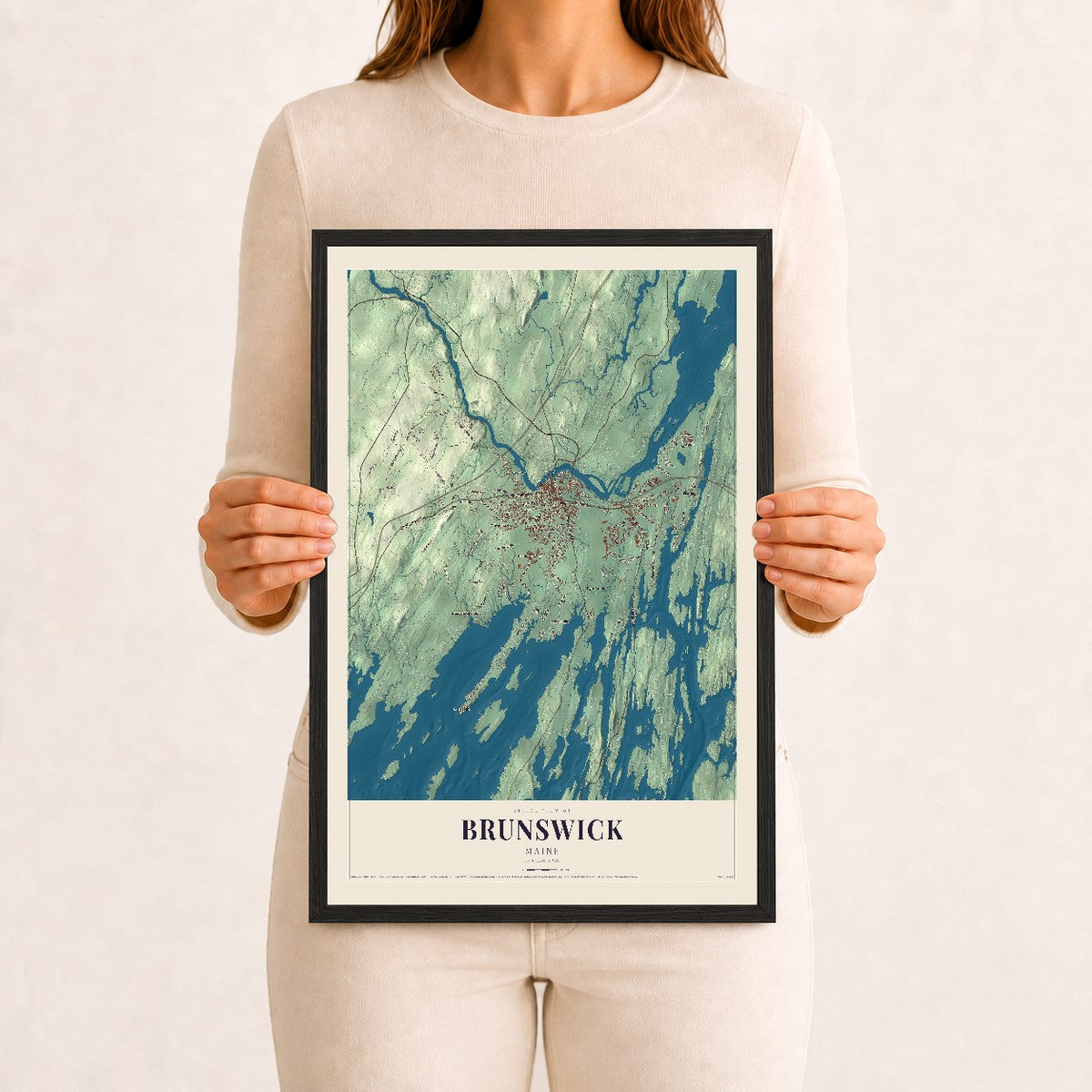Brunswick, Maine map print - 12 x 18 black Ayous wood frame