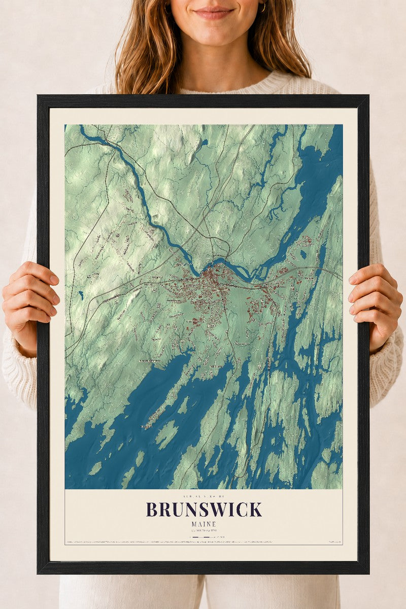 Brunswick, Maine map print - 18 x 24 black Ayous wood frame