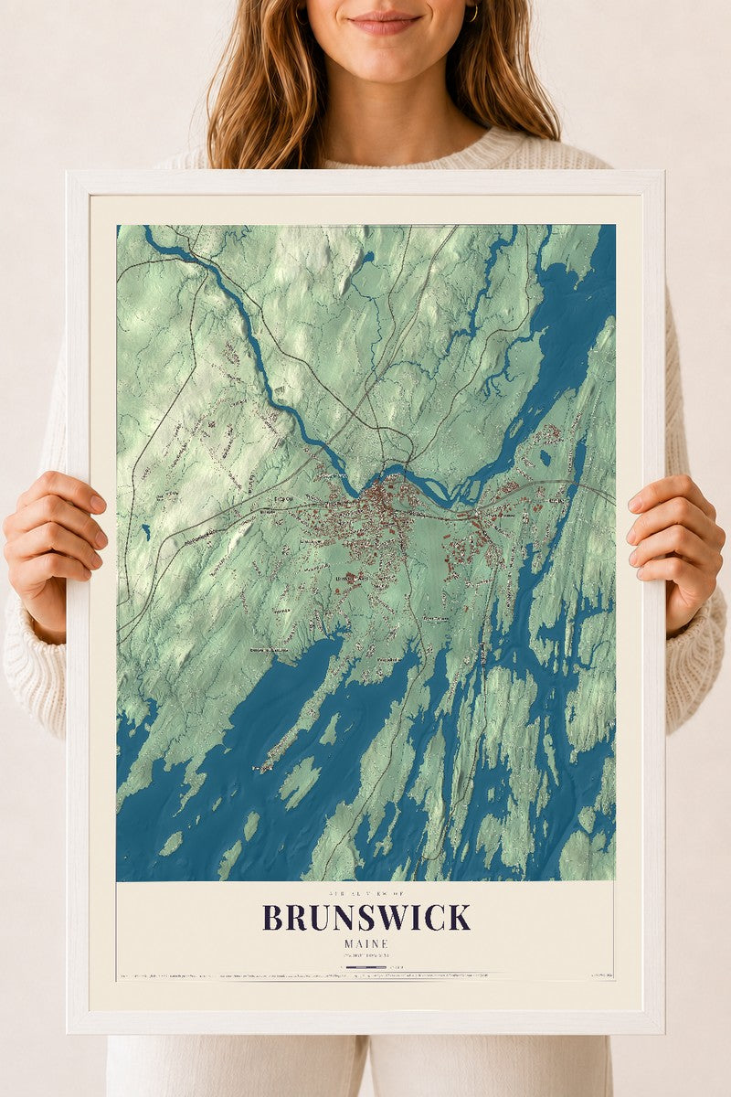 Brunswick, Maine map print - 18 x 24 white Ayous wood frame