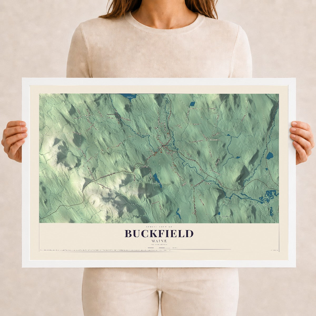 Buckfield, Maine map print - 12 x 18 white Ayous wood frame