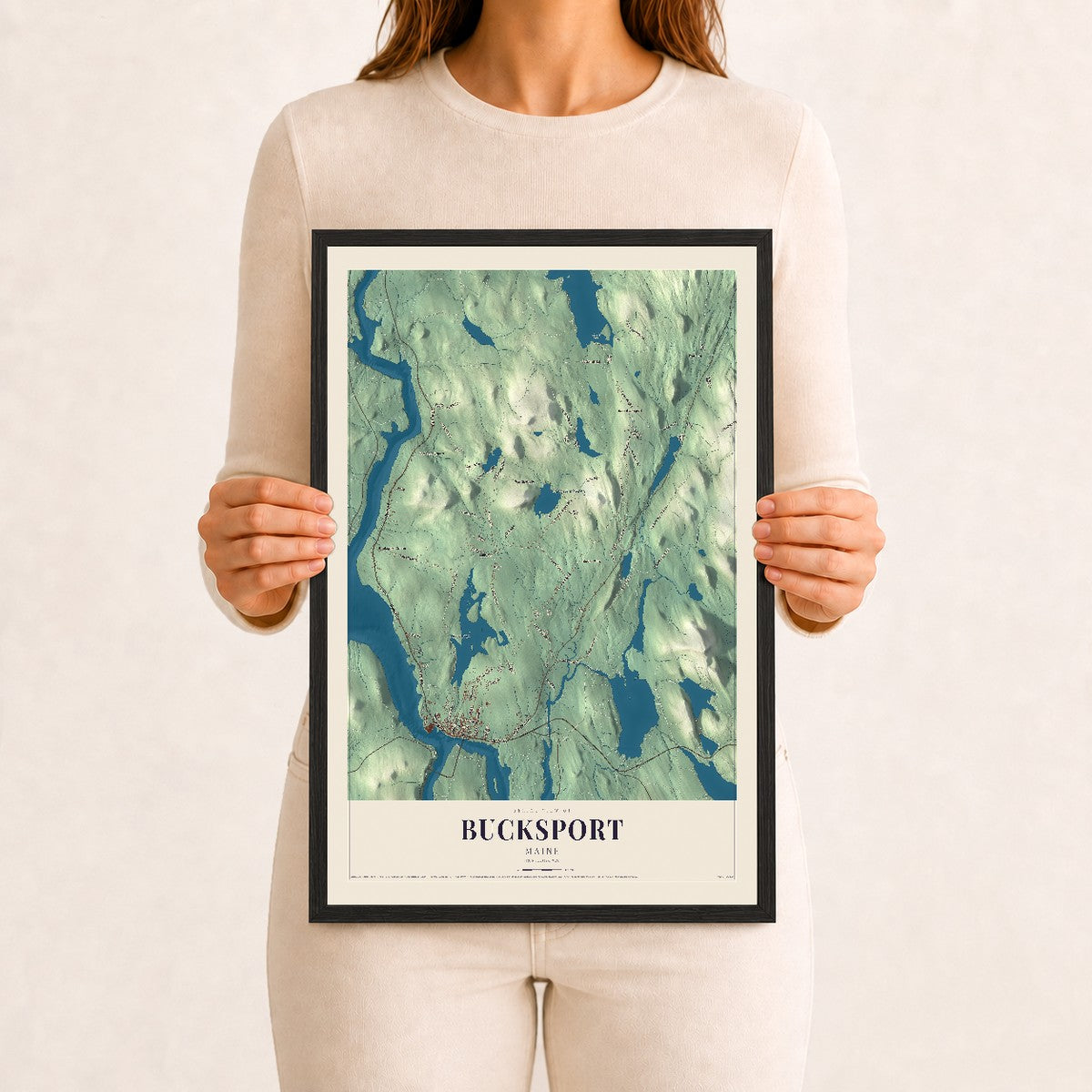 Bucksport, Maine map print - 12 x 18 black Ayous wood frame