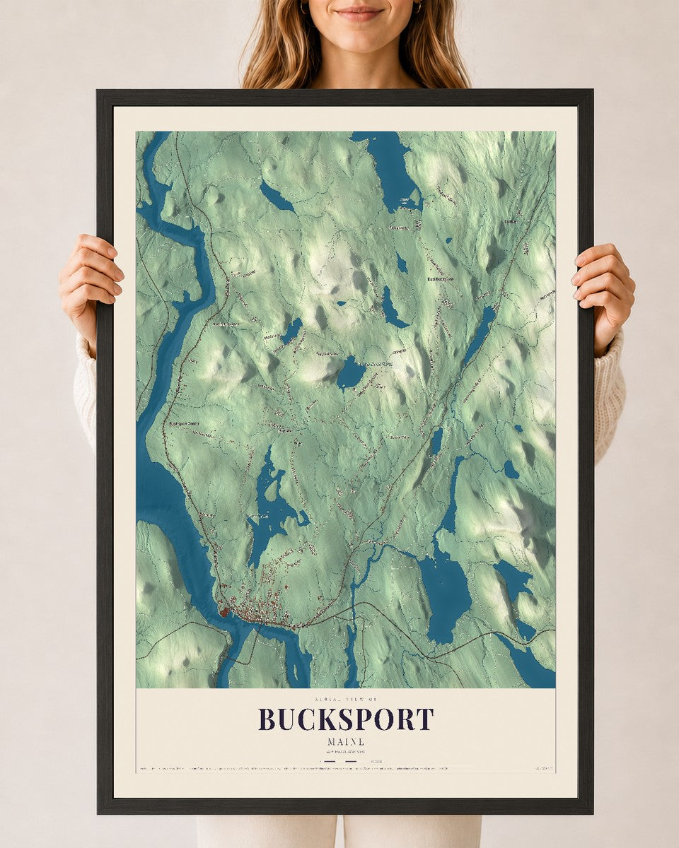 Bucksport, Maine map print - 24 x 36 black Ayous wood frame