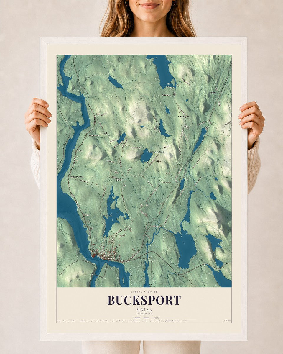 Bucksport, Maine map print - 24 x 36 white Ayous wood frame