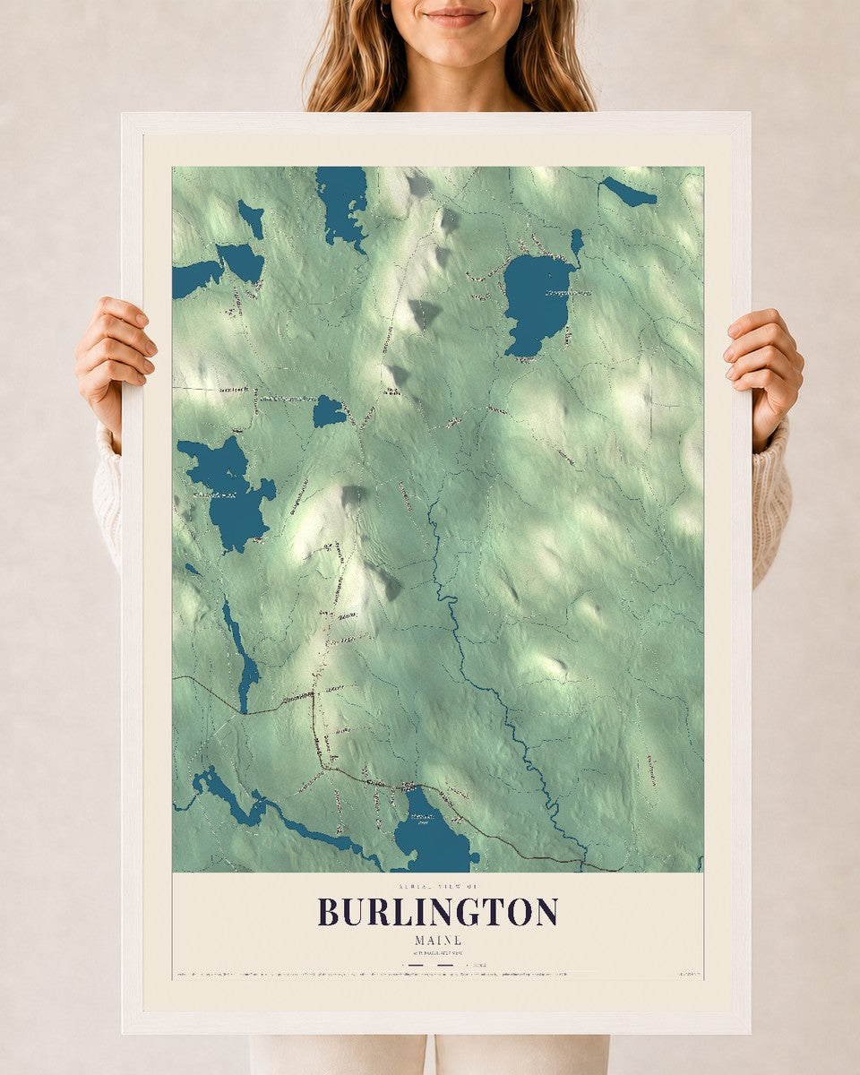 Burlington, Maine map print - 24 x 36 white Ayous wood frame