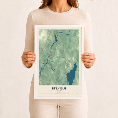 Burnham, Maine map print - 12 x 18 white Ayous wood frame
