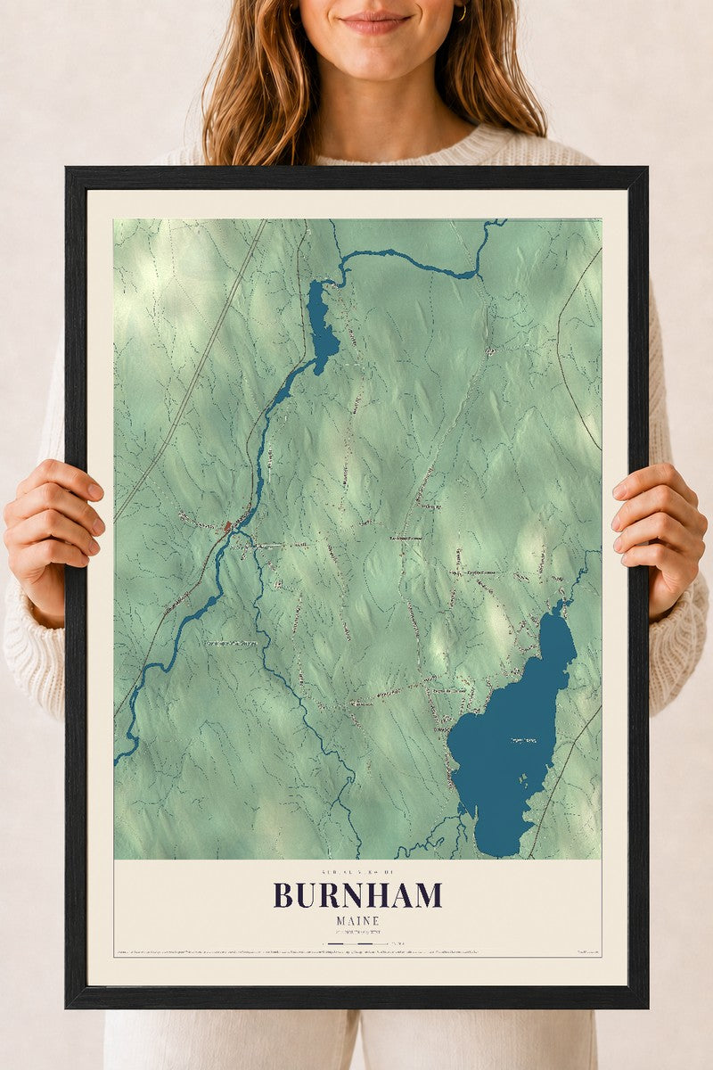 Burnham, Maine map print - 18 x 24 black Ayous wood frame