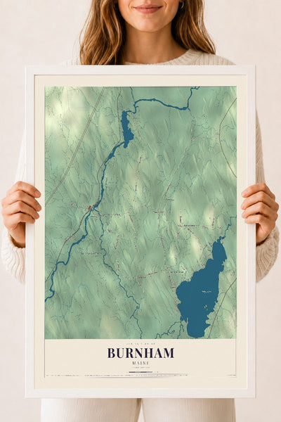 Burnham, Maine map print - 18 x 24 white Ayous wood frame