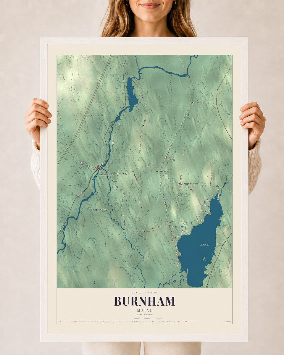 Burnham, Maine map print - 24 x 36 white Ayous wood frame