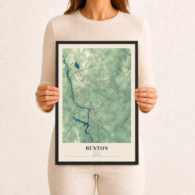 Buxton, Maine map print - 12 x 18 black Ayous wood frame
