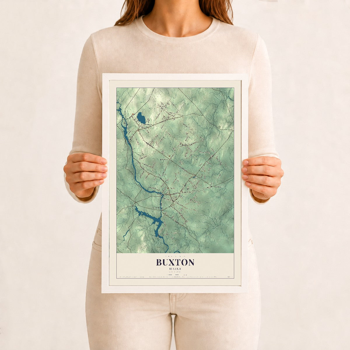 Buxton, Maine map print - 12 x 18 white Ayous wood frame