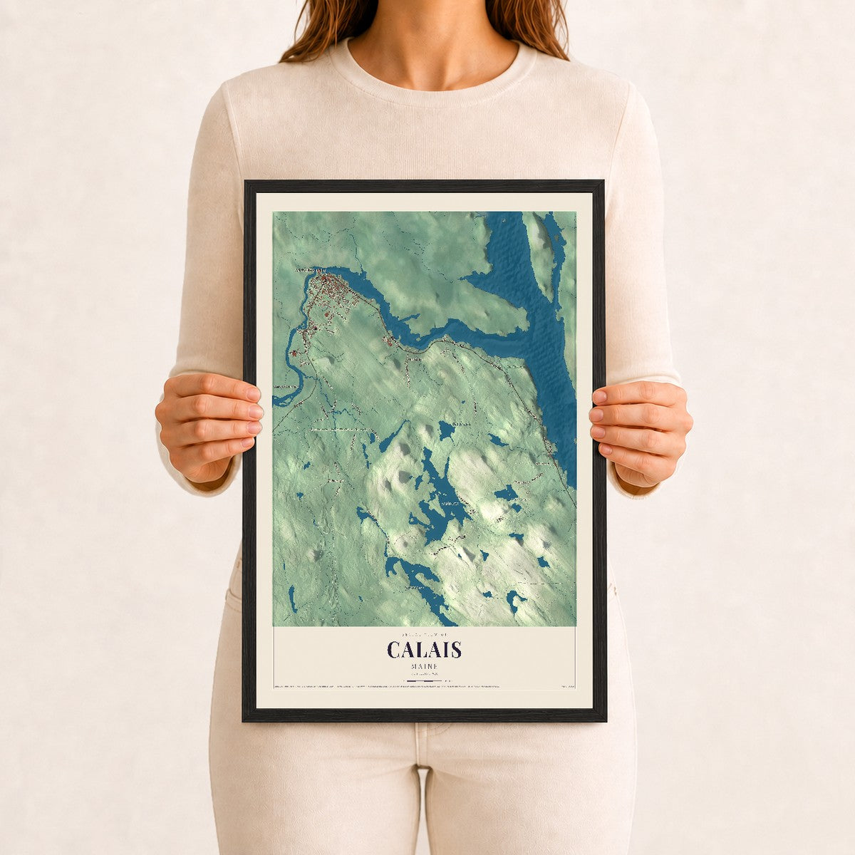 Calais, Maine map print - 12 x 18 black Ayous wood frame