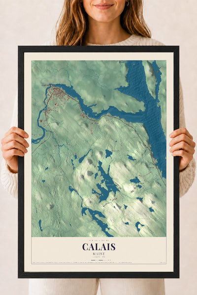 Calais, Maine map print - 18 x 24 black Ayous wood frame