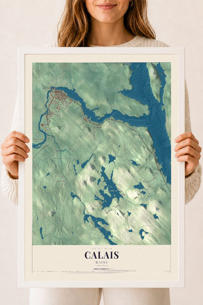 Calais, Maine map print - 18 x 24 white Ayous wood frame