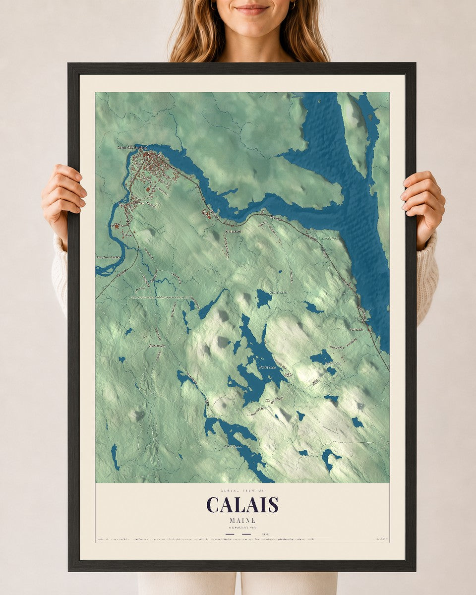 Calais, Maine map print - 24 x 36 black Ayous wood frame