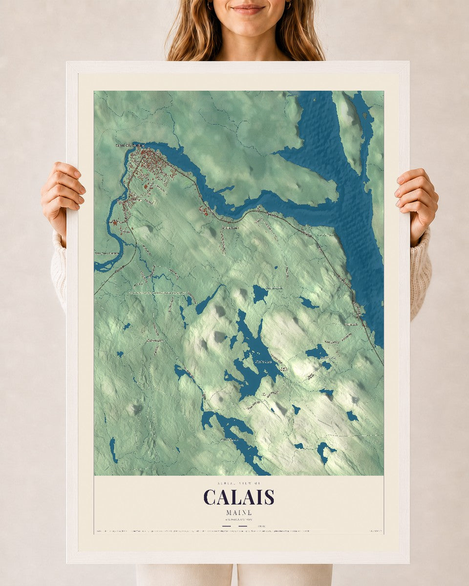 Calais, Maine map print - 24 x 36 white Ayous wood frame