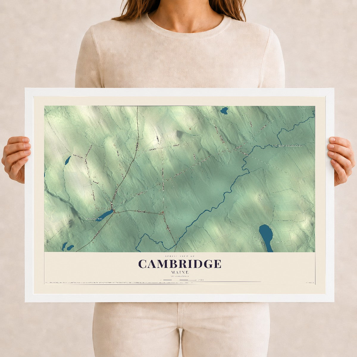 Cambridge, Maine map print - 12 x 18 white Ayous wood frame