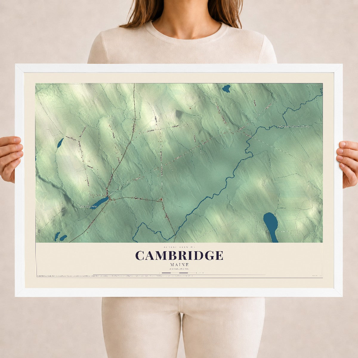 Cambridge, Maine map print - 18 x 24 white Ayous wood frame