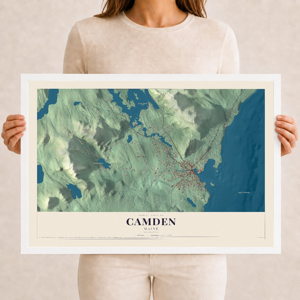 Camden, Maine map print - 12 x 18 white Ayous wood frame