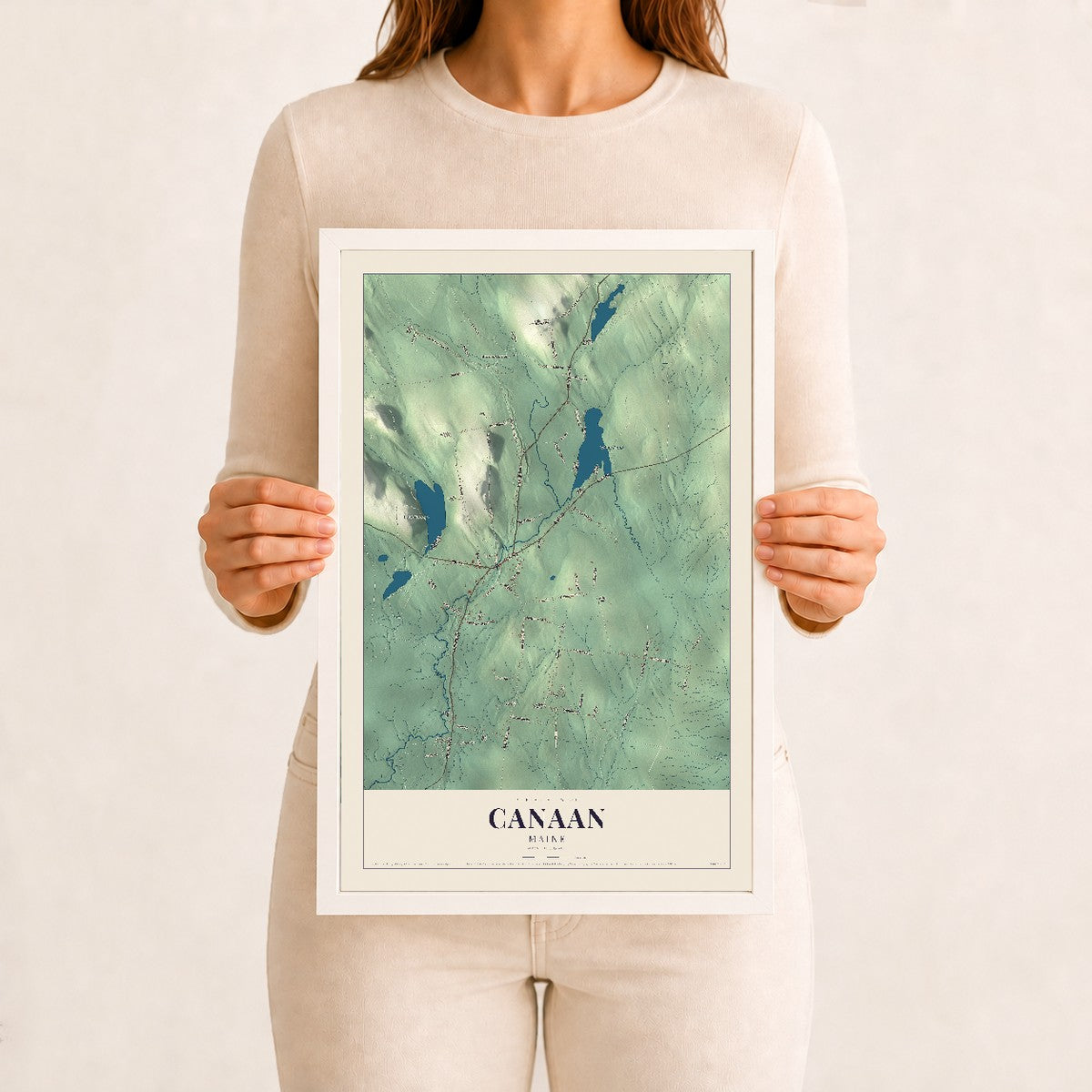 Canaan, Maine map print - 12 x 18 white Ayous wood frame
