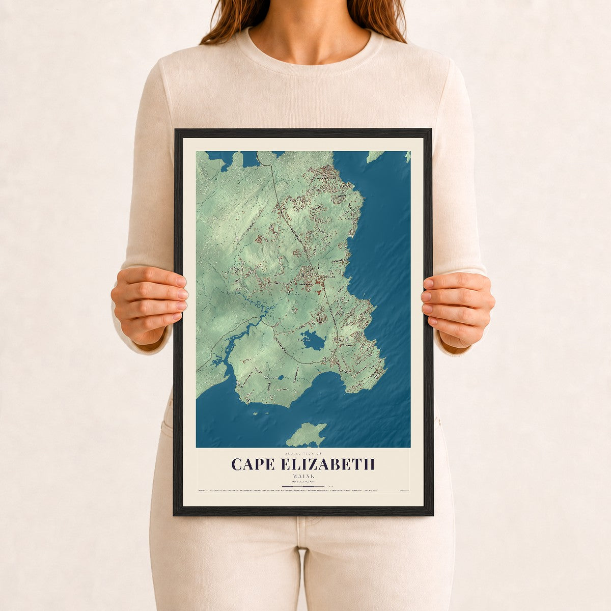 Cape Elizabeth, Maine map print - 12 x 18 black Ayous wood frame