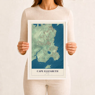 Cape Elizabeth, Maine map print - 12 x 18 white Ayous wood frame