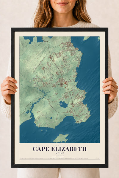 Cape Elizabeth, Maine map print - 18 x 24 black Ayous wood frame