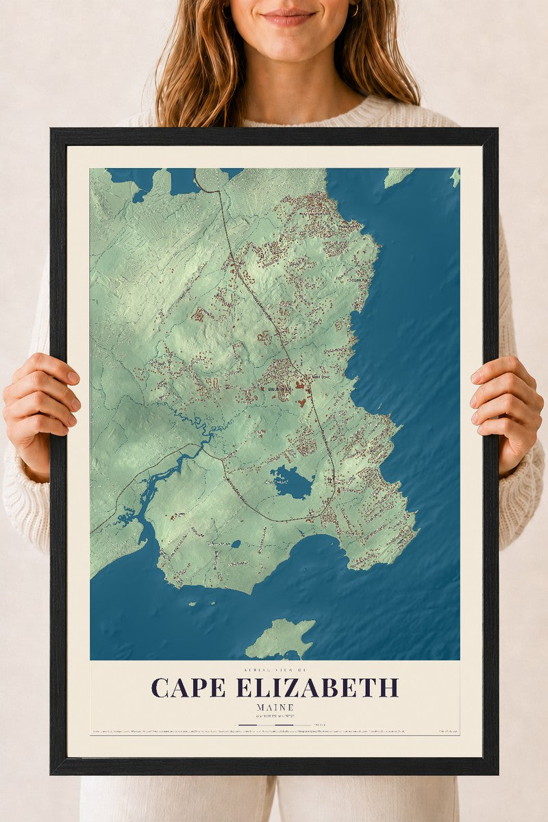 Cape Elizabeth, Maine map print - 18 x 24 black Ayous wood frame