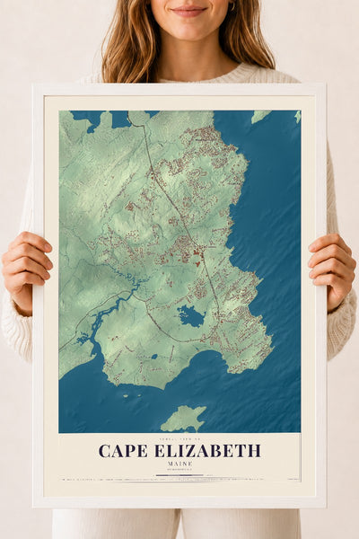 Cape Elizabeth, Maine map print - 18 x 24 white Ayous wood frame