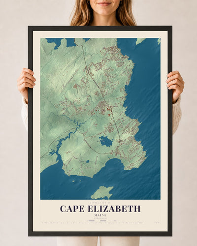Cape Elizabeth, Maine map print - 24 x 36 black Ayous wood frame
