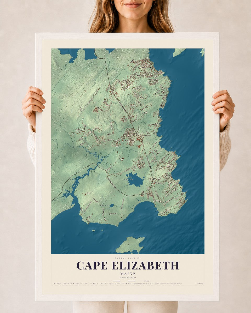 Cape Elizabeth, Maine map print - 24 x 36 white Ayous wood frame