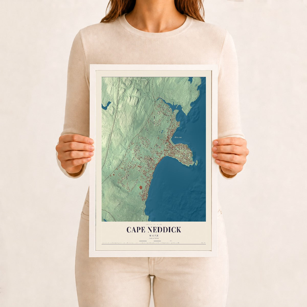 Cape Neddick, Maine map print - 12 x 18 white Ayous wood frame