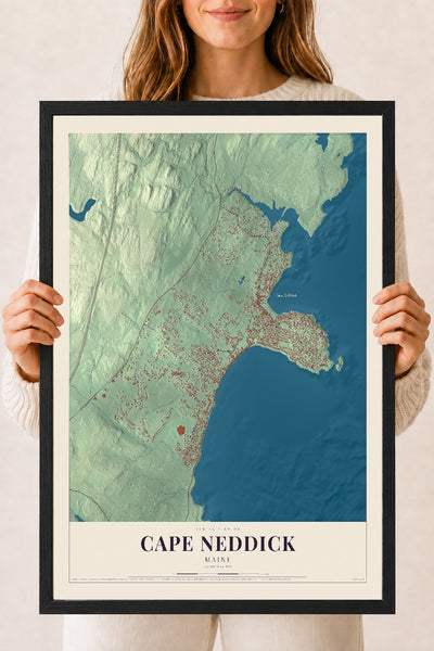 Cape Neddick, Maine map print - 18 x 24 black Ayous wood frame