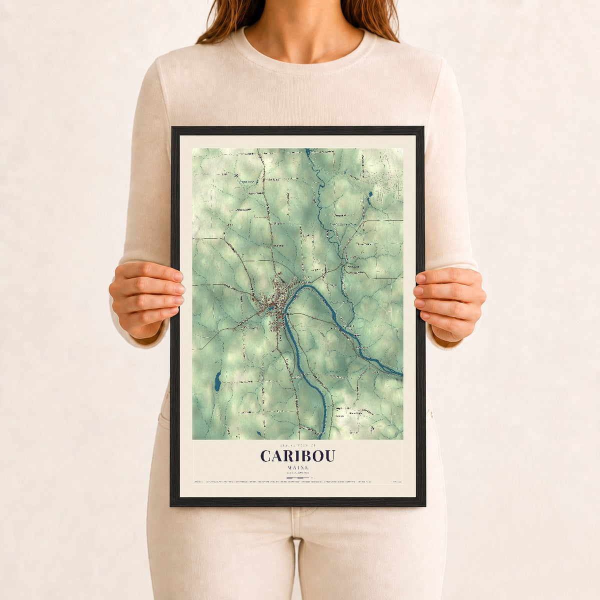 Caribou, Maine map print - 12 x 18 black Ayous wood frame