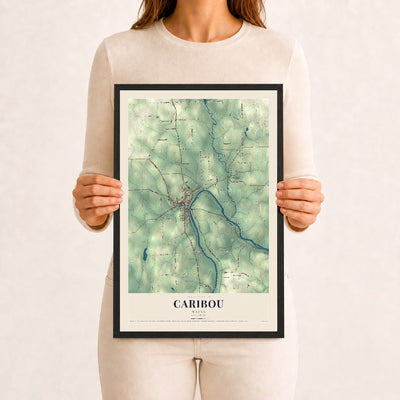Caribou, Maine map print - 12 x 18 black Ayous wood frame