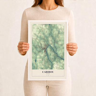 Caribou, Maine map print - 12 x 18 white Ayous wood frame