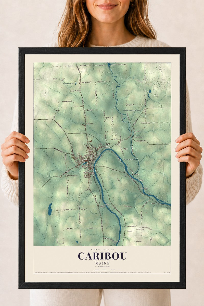 Caribou, Maine map print - 18 x 24 black Ayous wood frame