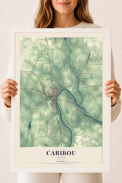 Caribou, Maine map print - 18 x 24 white Ayous wood frame