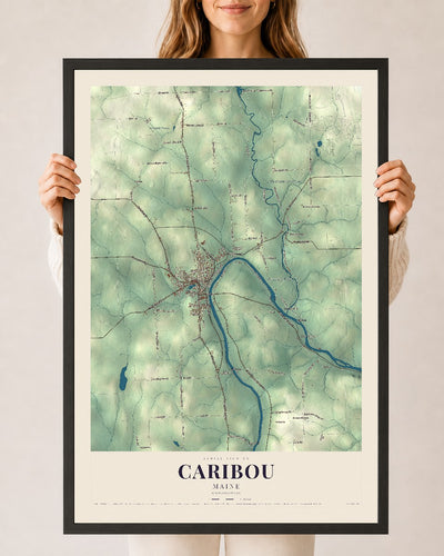 Caribou, Maine map print - 24 x 36 black Ayous wood frame