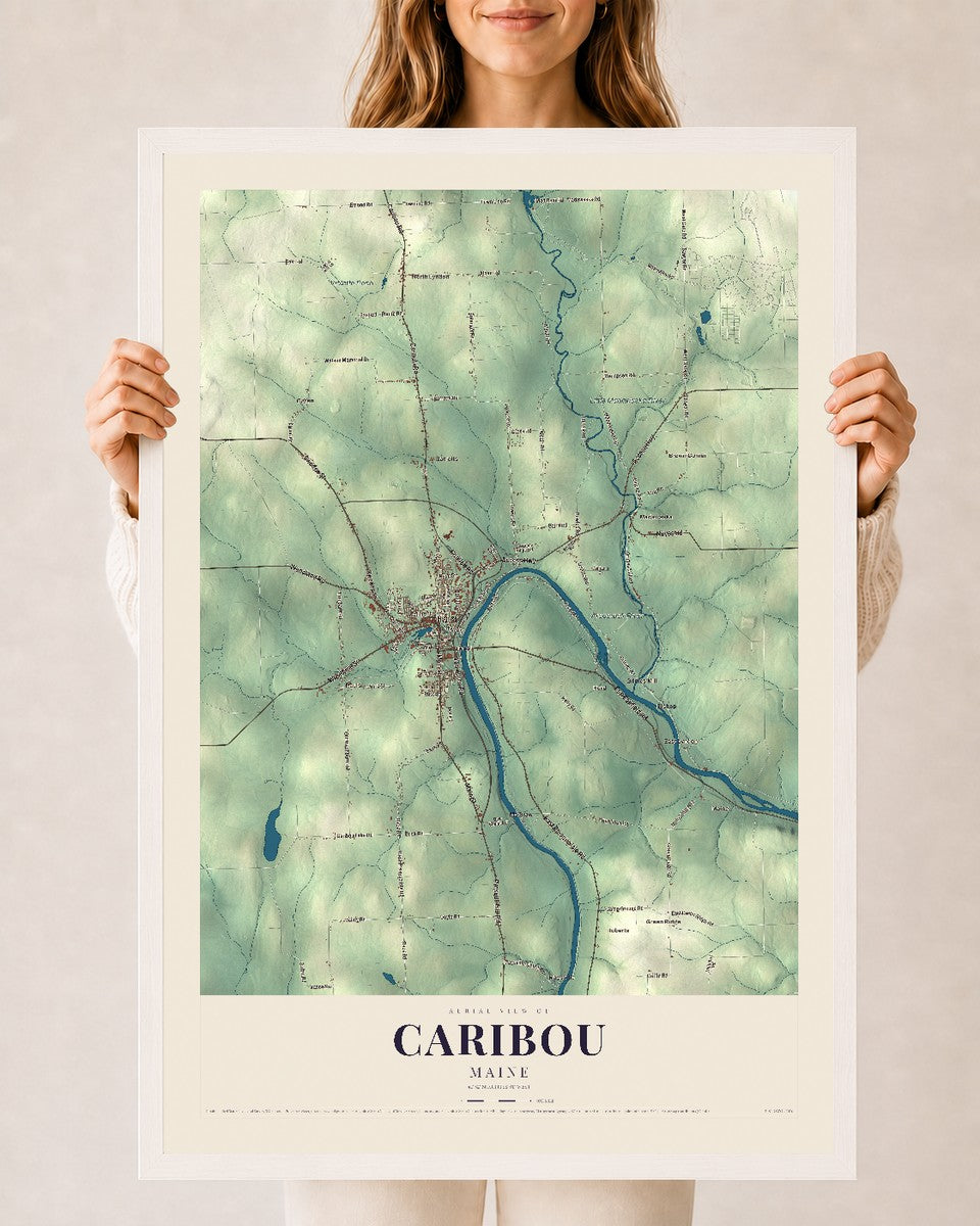 Caribou, Maine map print - 24 x 36 white Ayous wood frame