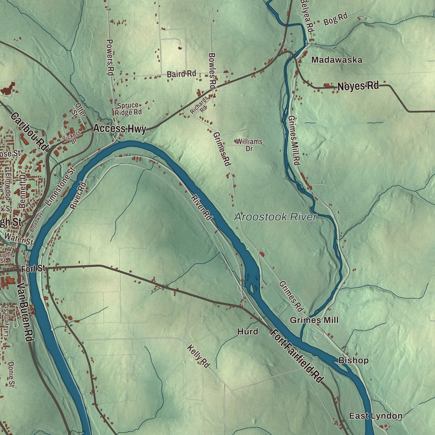 Terrain and local geography detail from the Caribou, Maine map