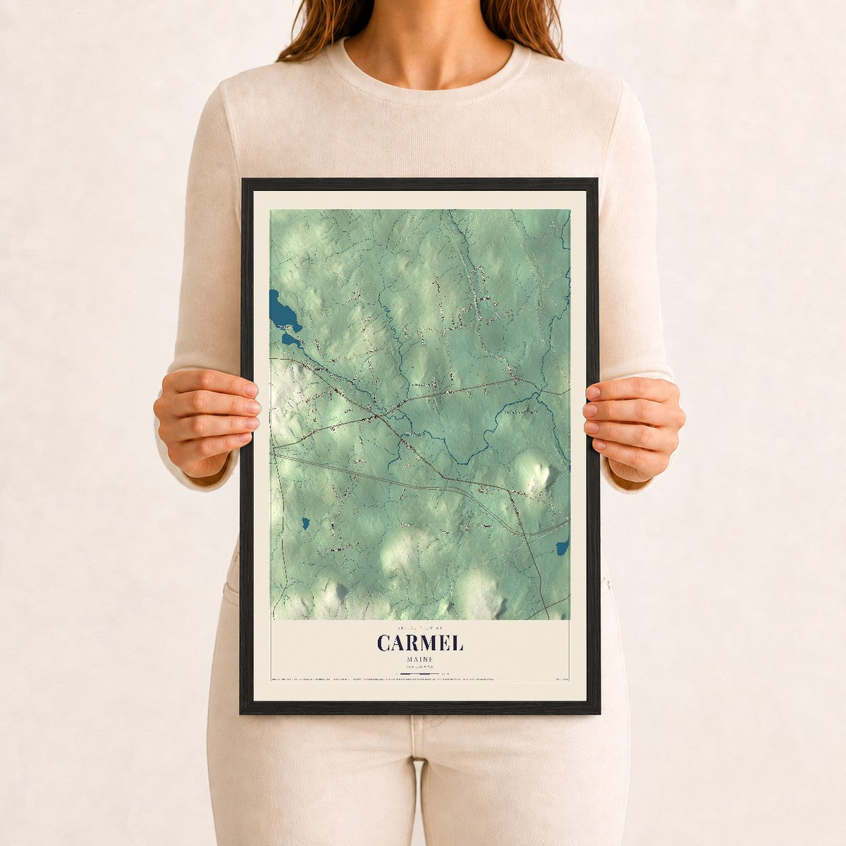 Carmel, Maine map print - 12 x 18 black Ayous wood frame