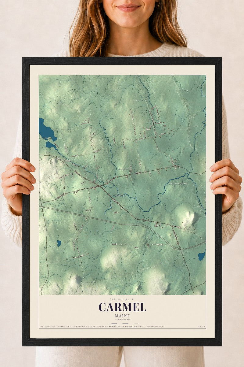 Carmel, Maine map print - 18 x 24 black Ayous wood frame