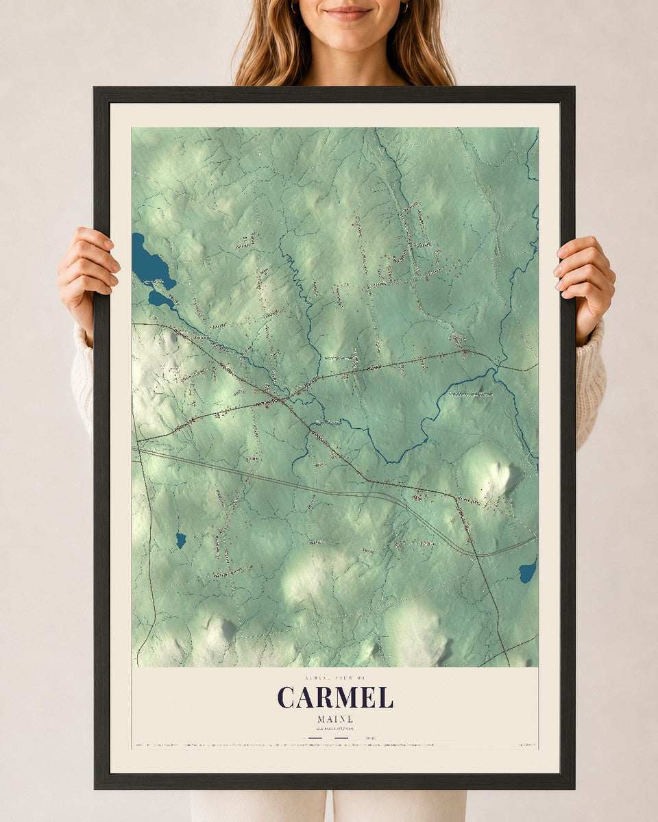 Carmel, Maine map print - 24 x 36 black Ayous wood frame