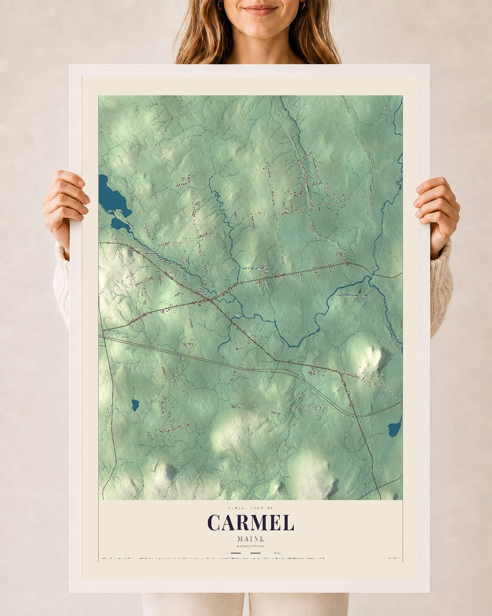 Carmel, Maine map print - 24 x 36 white Ayous wood frame