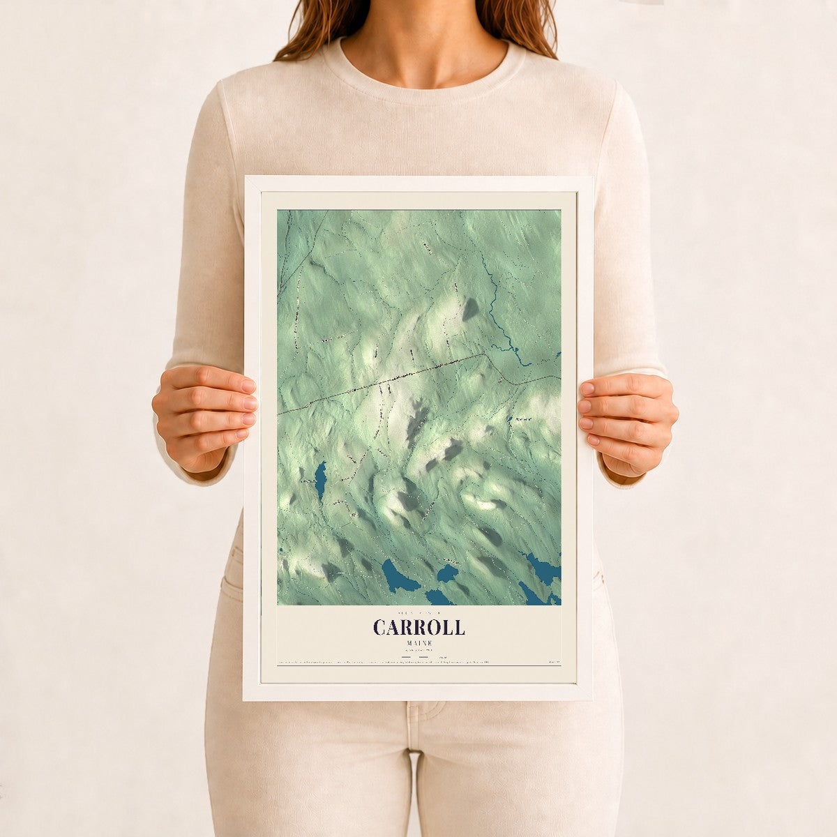 Carroll, Maine map print - 12 x 18 white Ayous wood frame