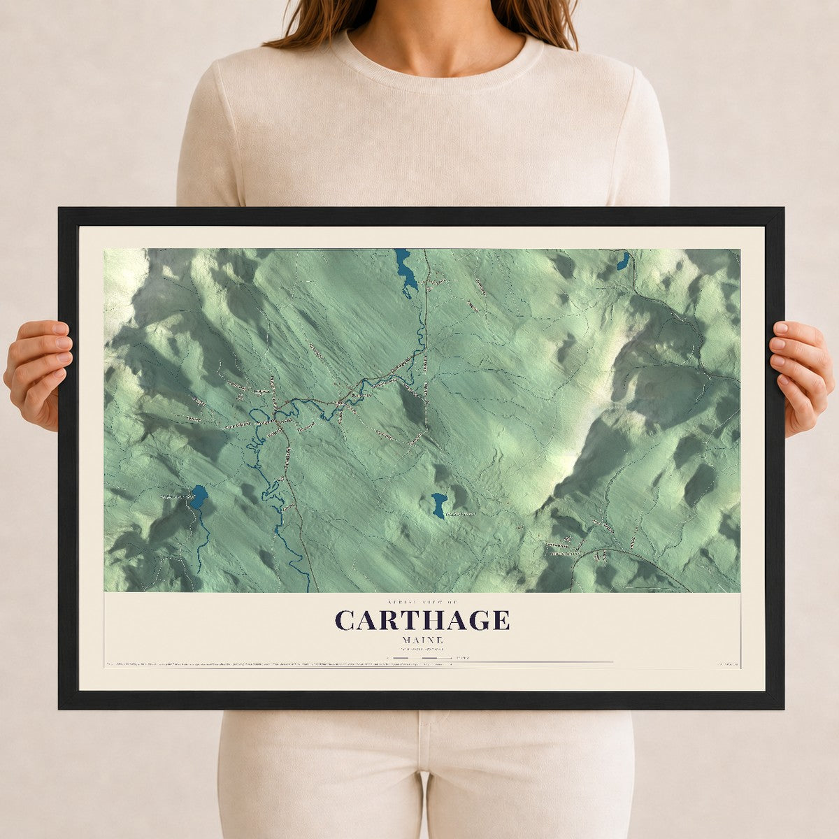 Carthage, Maine map print - 12 x 18 black Ayous wood frame