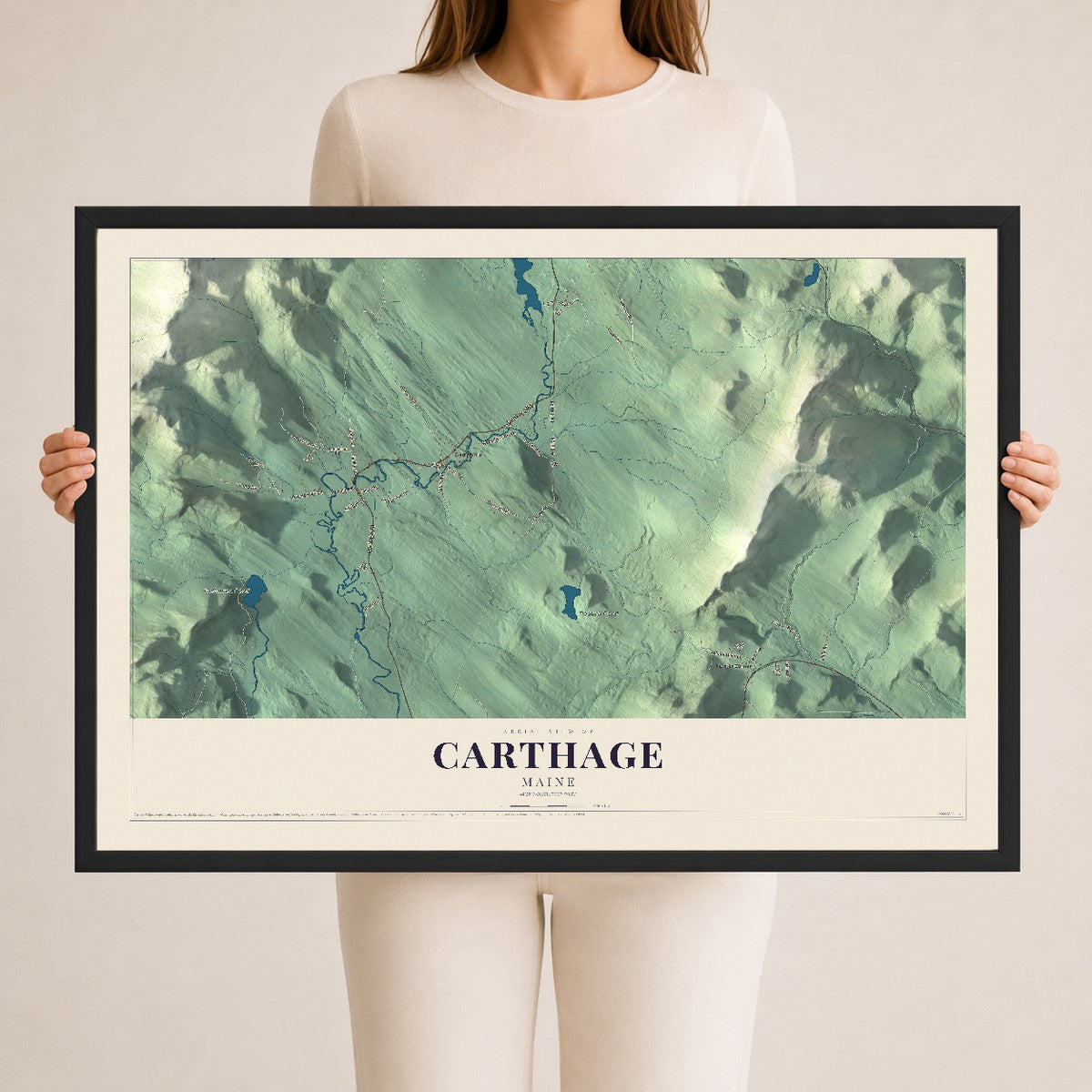 Carthage, Maine map print - 24 x 36 black Ayous wood frame