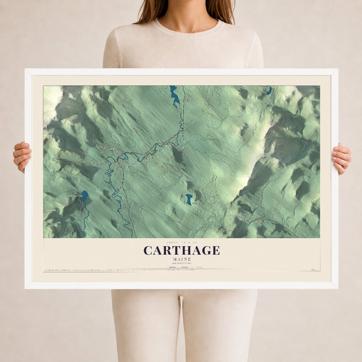 Carthage, Maine map print - 24 x 36 white Ayous wood frame